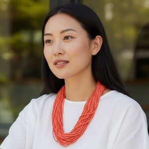 Vintage Bright Coral Color Seed Bead Necklace Country Club Vacation Beach Chic